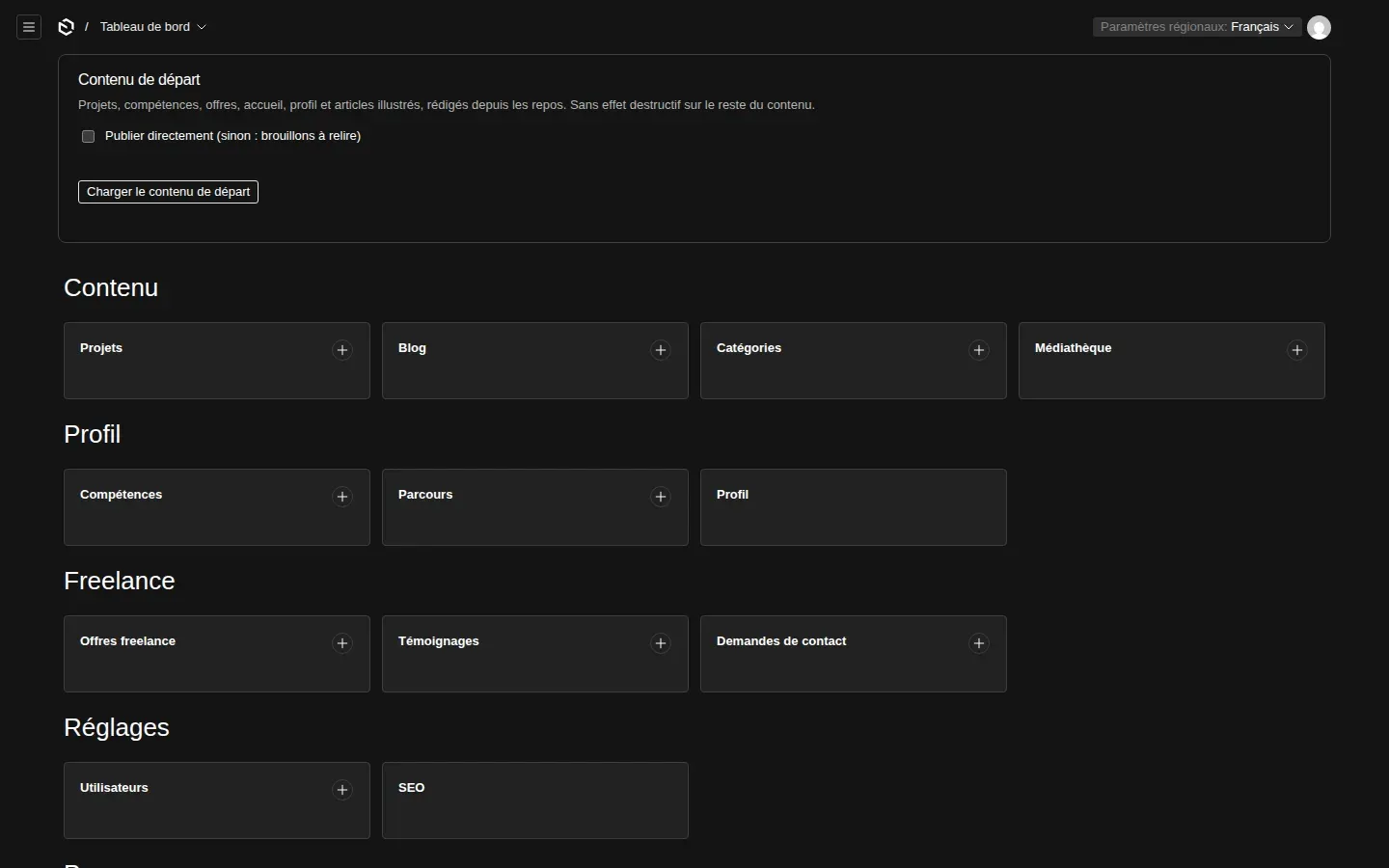 Tableau de bord de l’admin Payload avec le bloc « Contenu de départ »