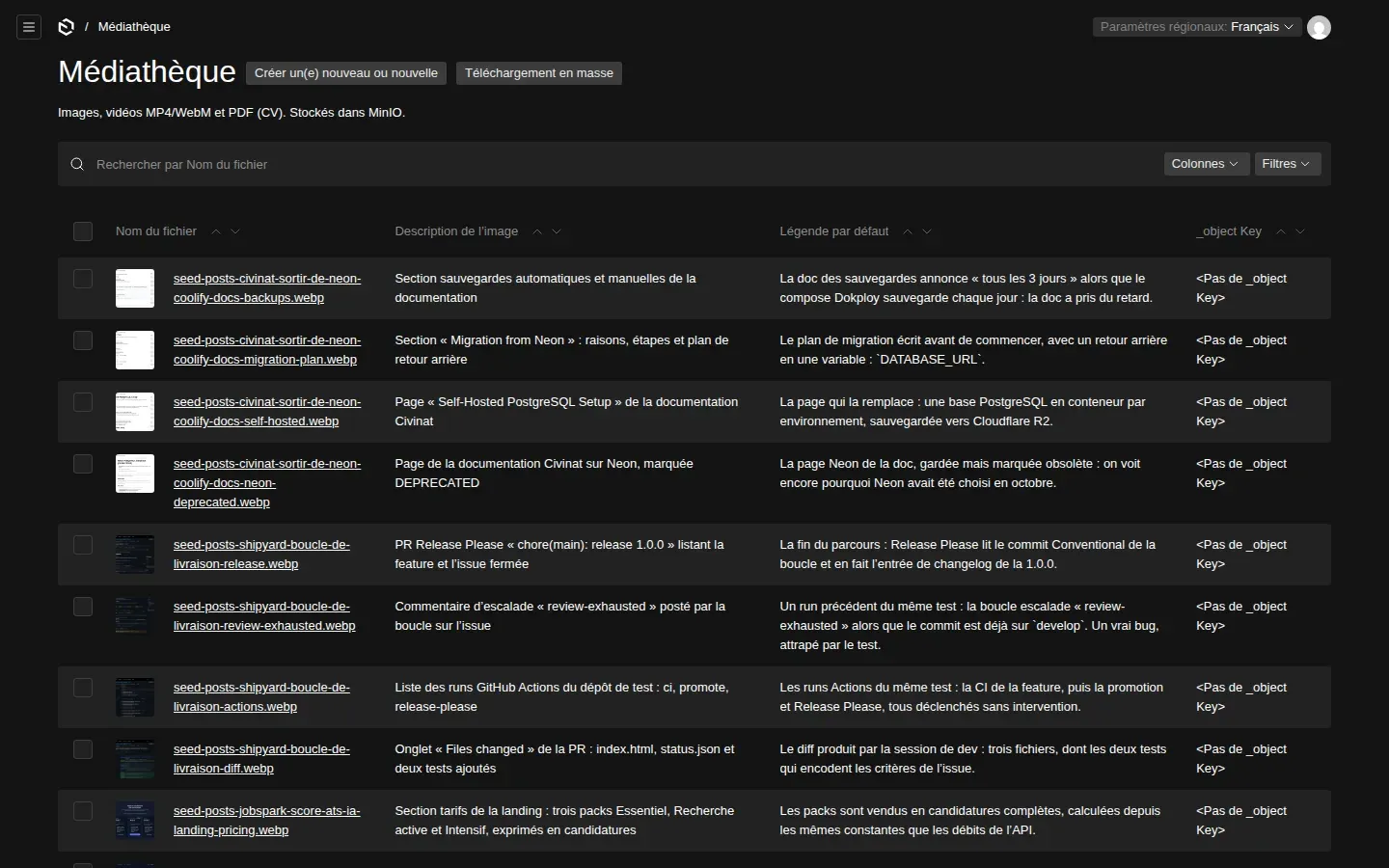Médiathèque de l’admin listant les images du seed