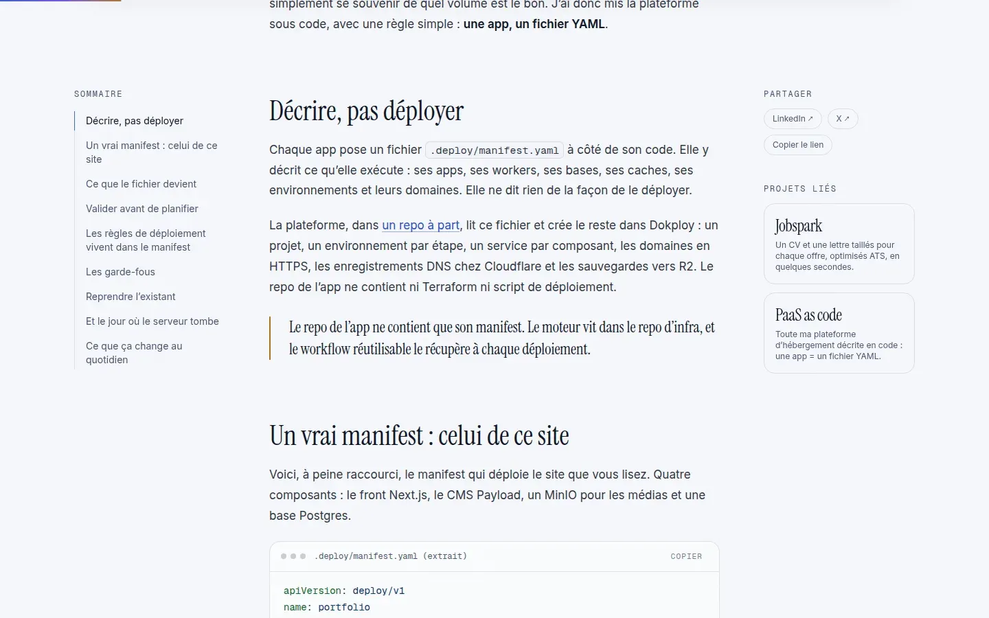 Article du blog en thème clair avec sommaire et projets liés