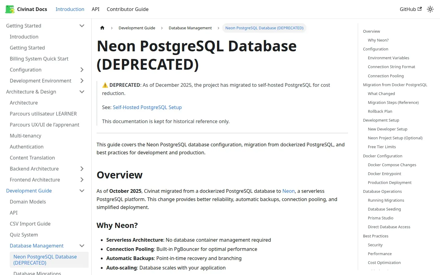 Page de la documentation Civinat sur Neon, marquée DEPRECATED