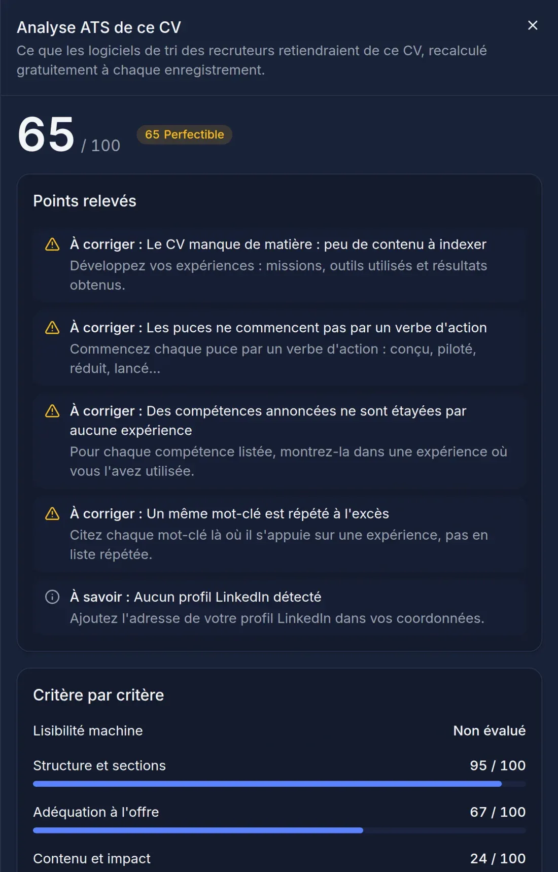 Panneau « Analyse ATS de ce CV » : score sur 100, points relevés à corriger et détail critère par critère
