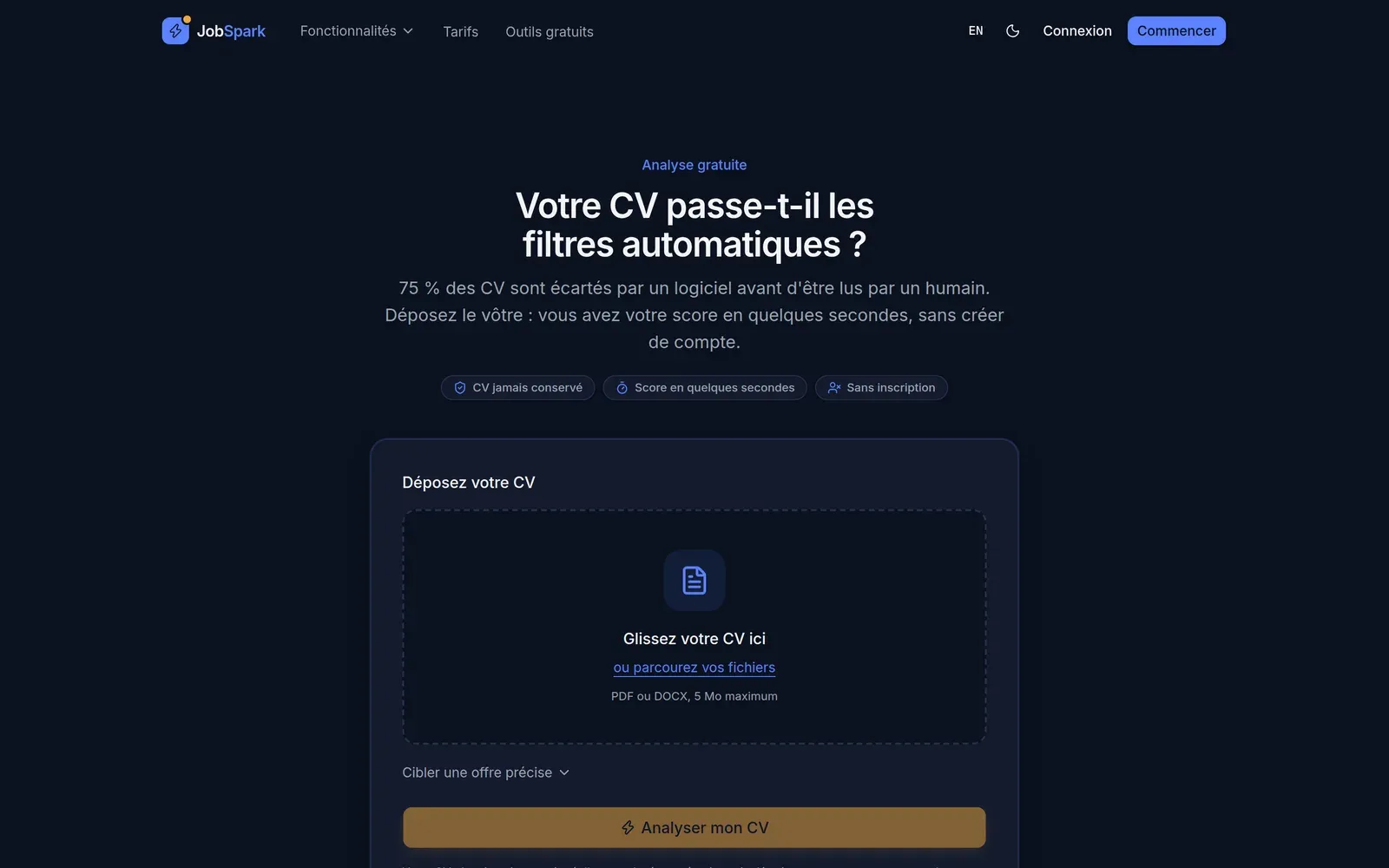 Page publique « Analyse gratuite » de la landing Jobspark : zone de dépôt d’un CV PDF ou DOCX et option pour cibler une offre