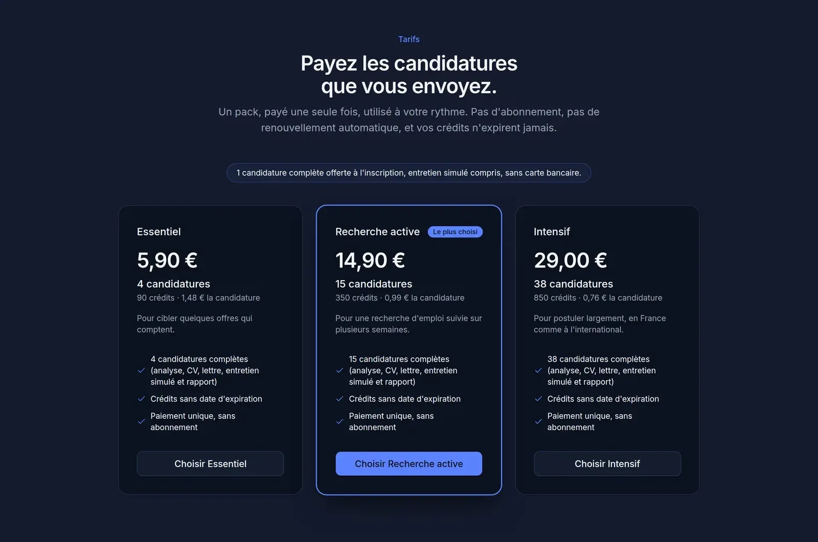 Section tarifs de la landing : trois packs Essentiel, Recherche active et Intensif, exprimés en candidatures