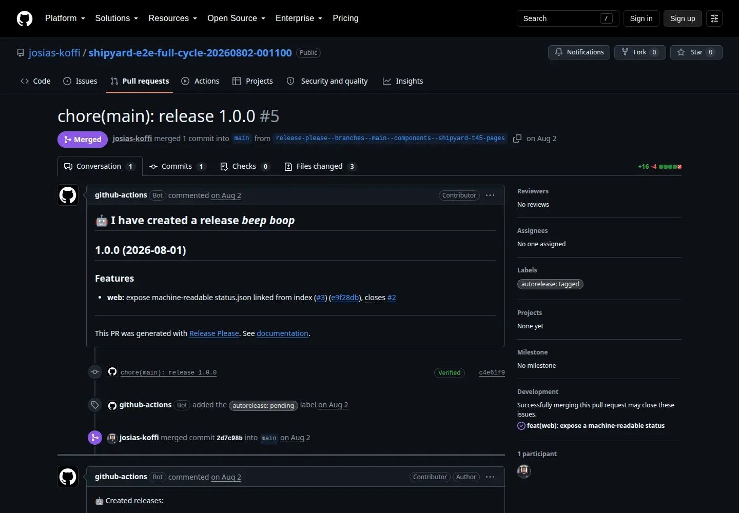 PR Release Please « chore(main): release 1.0.0 » listant la feature et l’issue fermée