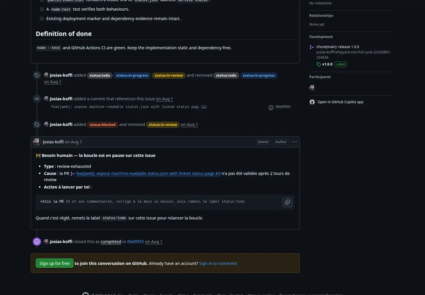 Commentaire d’escalade « review-exhausted » posté par la boucle sur l’issue