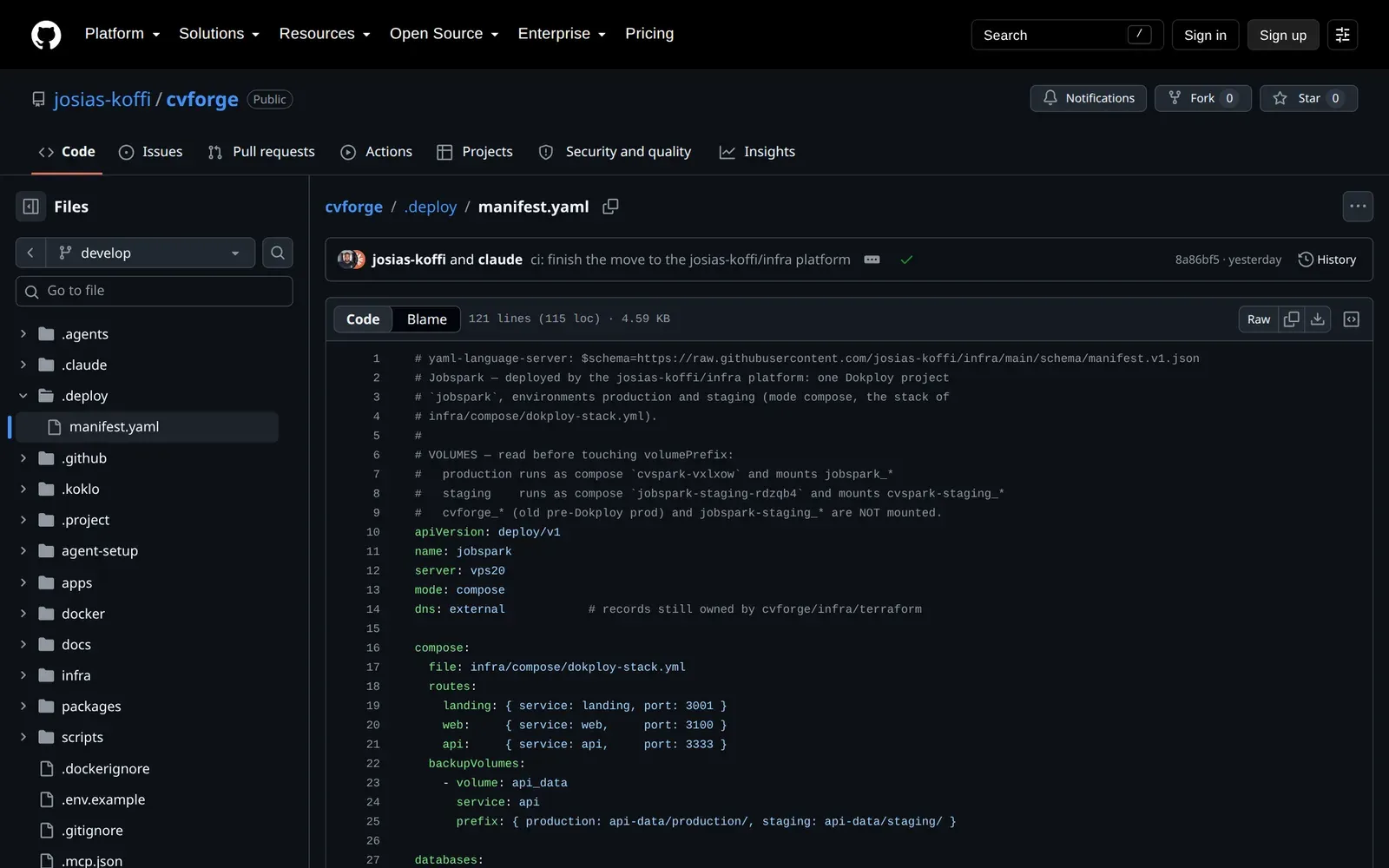 Le fichier .deploy/manifest.yaml du repo cvforge sur GitHub, avec ses commentaires sur les volumes et le mode compose