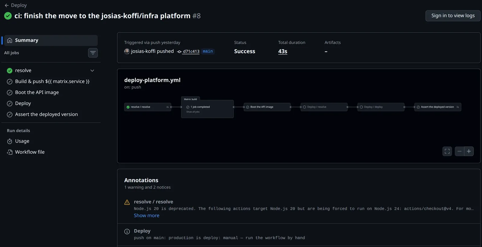 Run GitHub Actions d’un push sur main : seul resolve s’exécute, notice « production is deploy: manual »