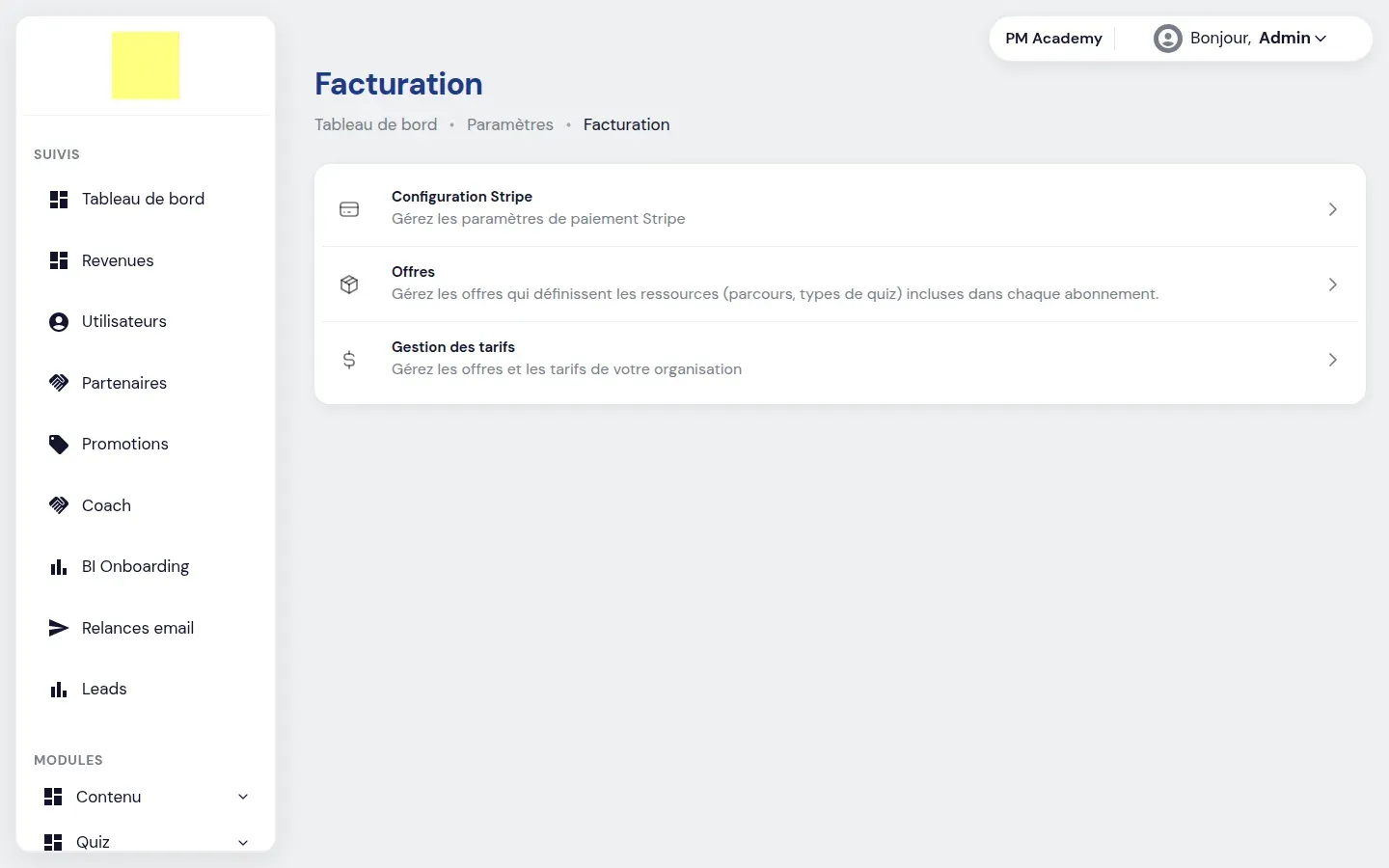 Écran Facturation : configuration Stripe, offres et gestion des tarifs