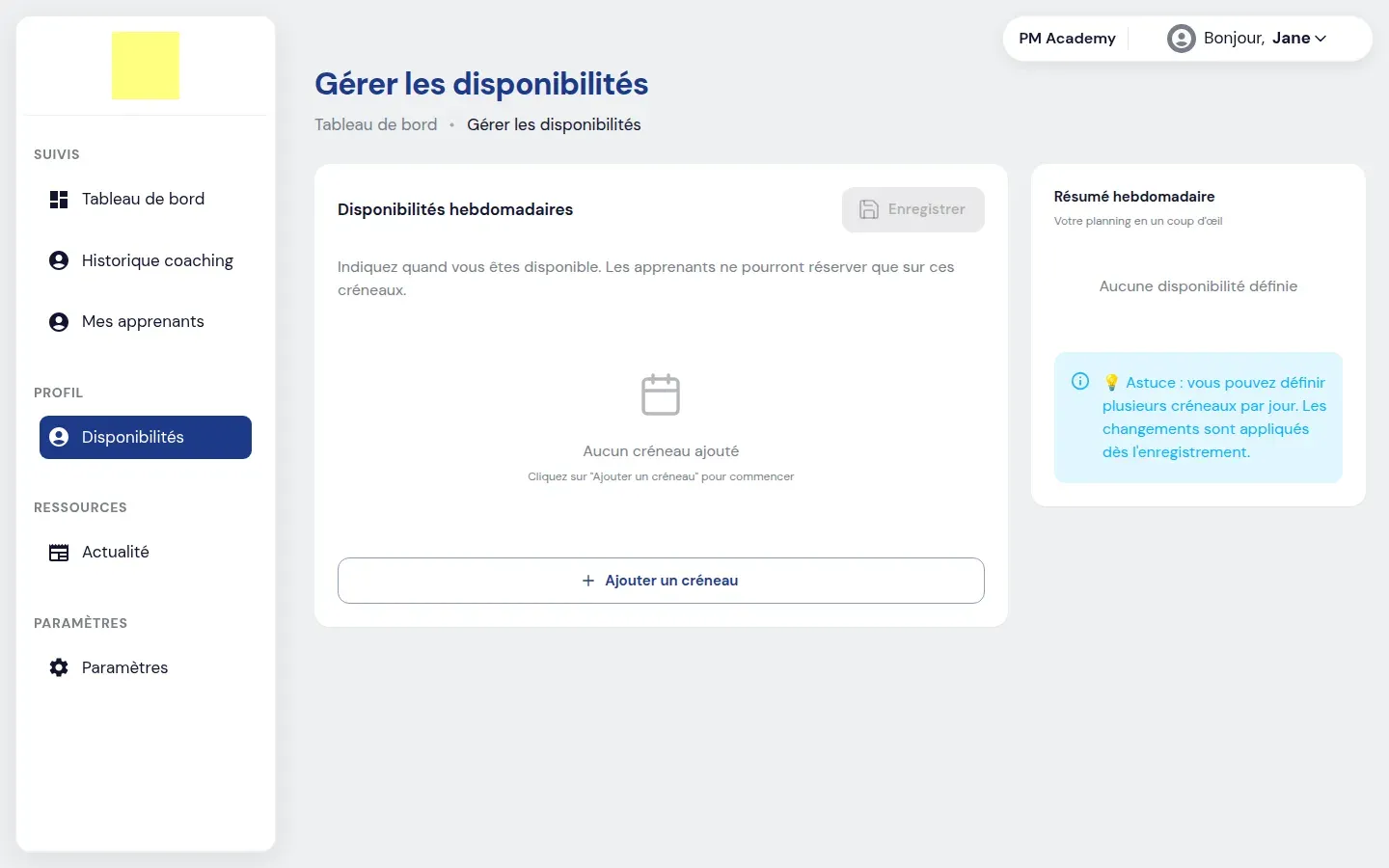 Espace coach : gestion des disponibilités hebdomadaires
