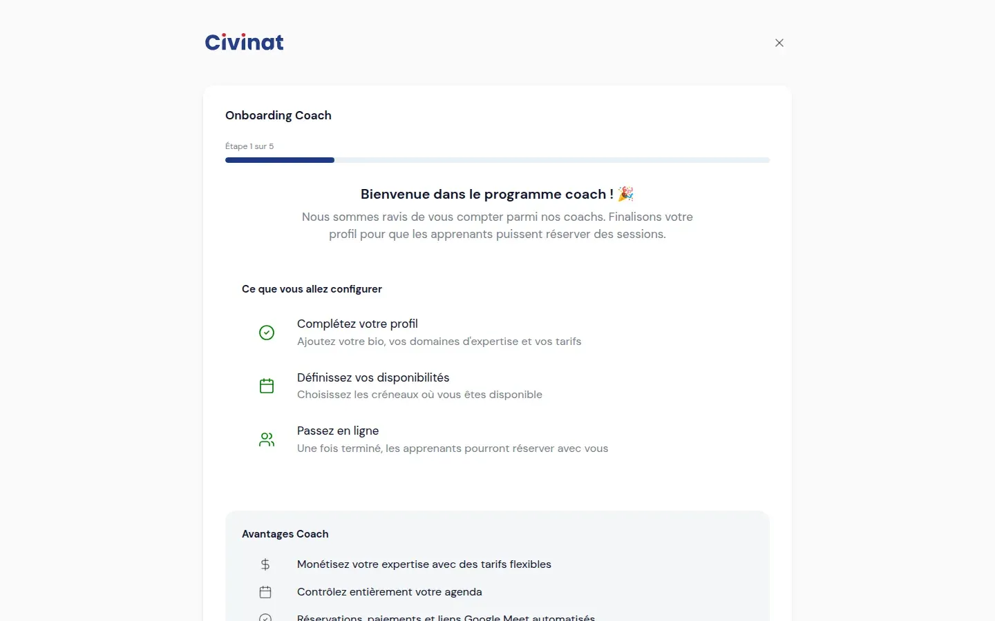 Assistant d’onboarding coach en plusieurs étapes