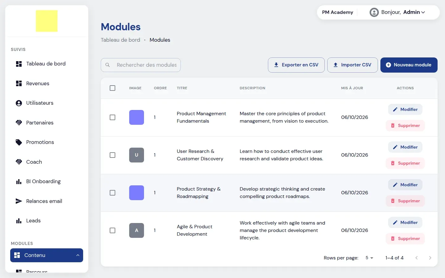 Liste des modules de formation avec import et export CSV