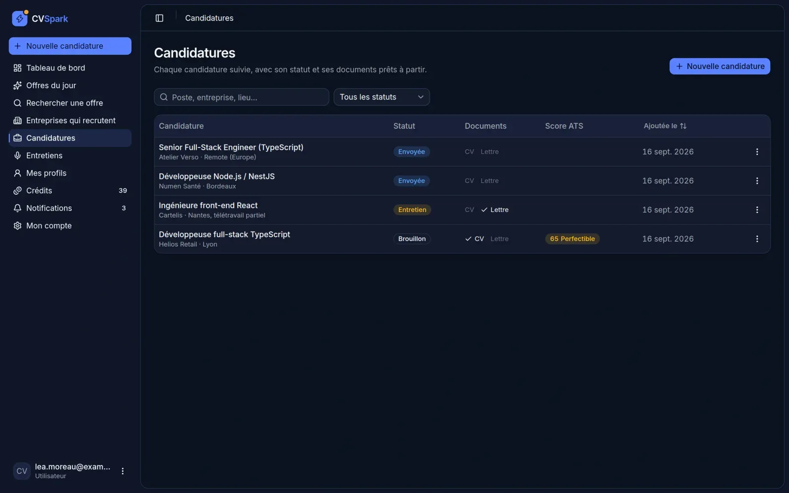 Liste des candidatures avec statut, documents générés, score ATS et date