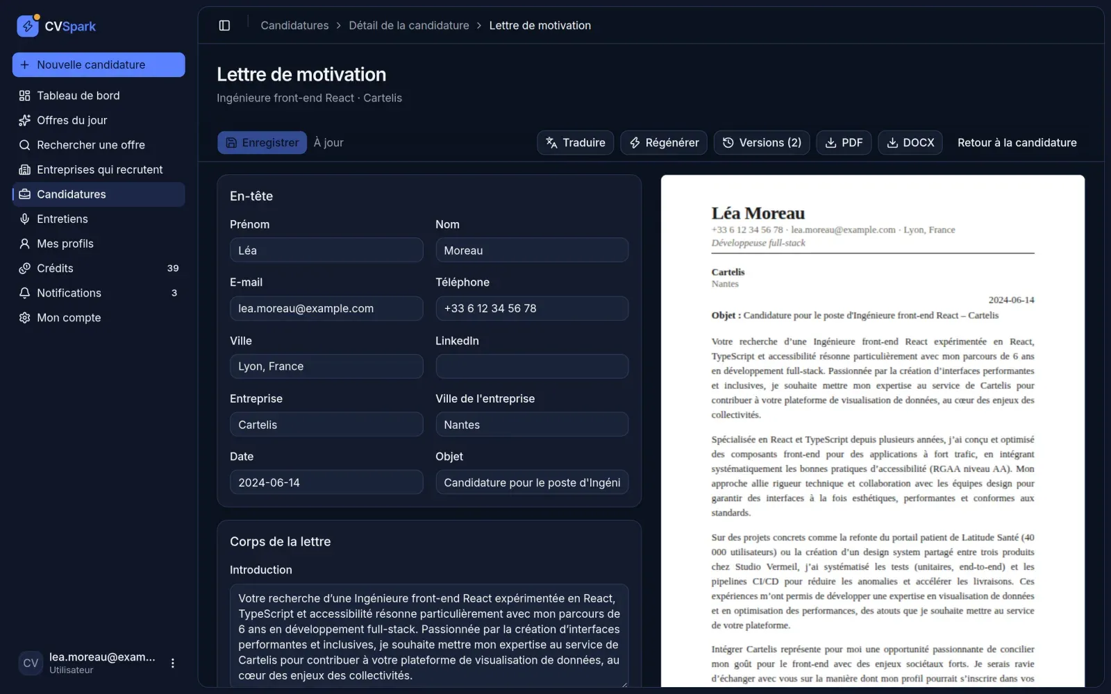 Éditeur de lettre de motivation : formulaire à gauche, aperçu du document final à droite