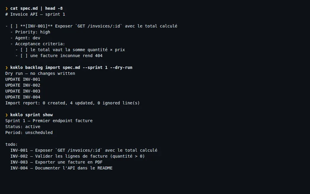 Un backlog Markdown avec des clés INV-001 à INV-004, son import en dry-run et le sprint actif qui en résulte