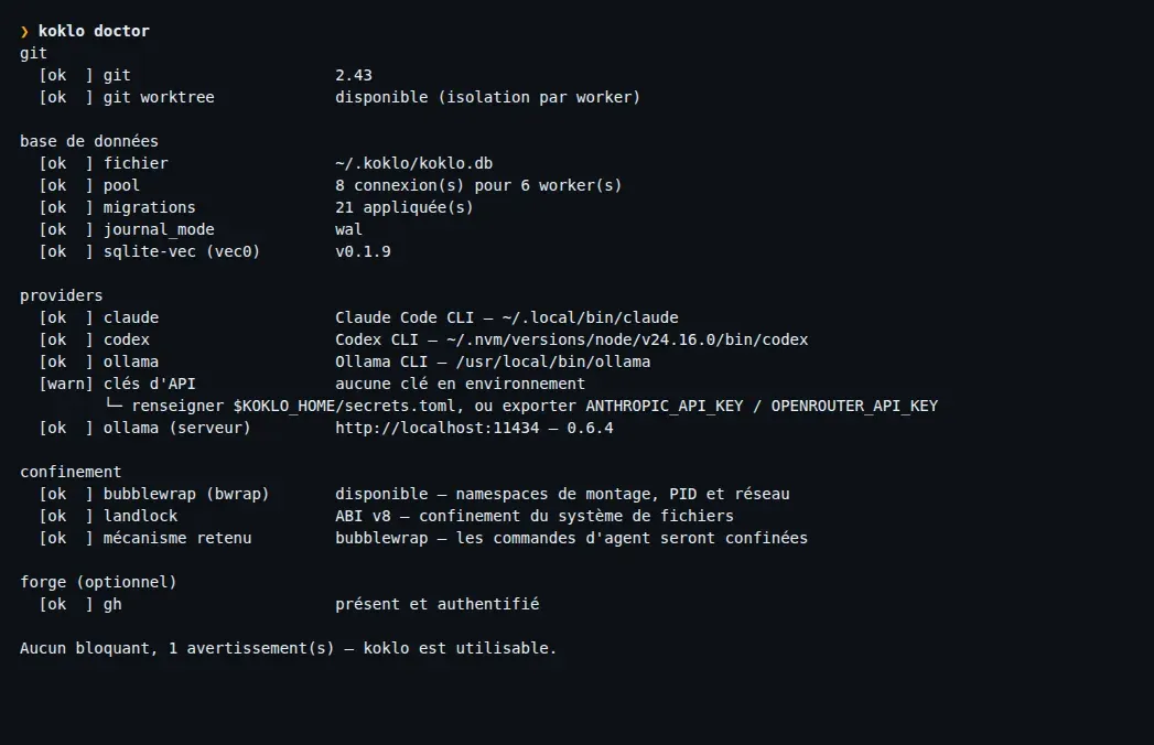 Sortie de koklo doctor : git, base SQLite en WAL avec 21 migrations et sqlite-vec, providers détectés, bubblewrap et landlock disponibles