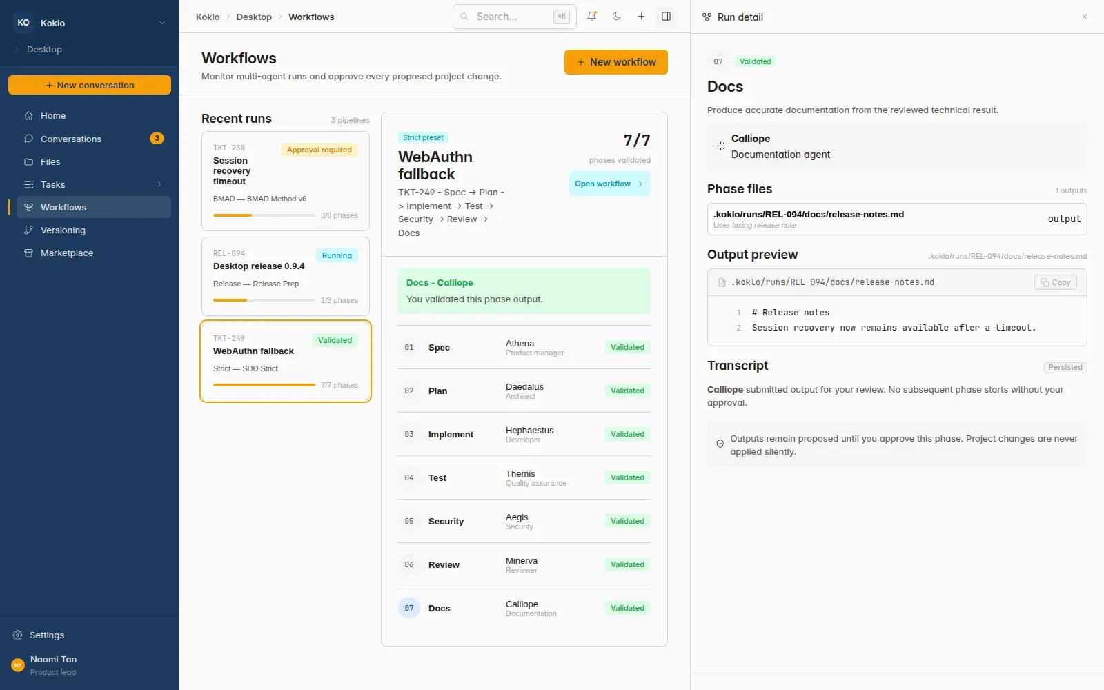 Écran Workflows : trois exécutions récentes, le détail d’un preset SDD Strict en sept phases et la sortie de la phase Docs