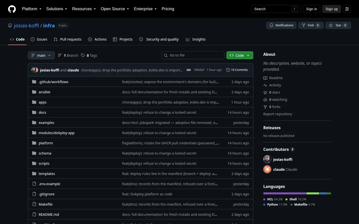 Page GitHub du repo josias-koffi/infra : dossiers ansible, apps, docs, examples, modules/dokploy-app, platform, schema, scripts, templates