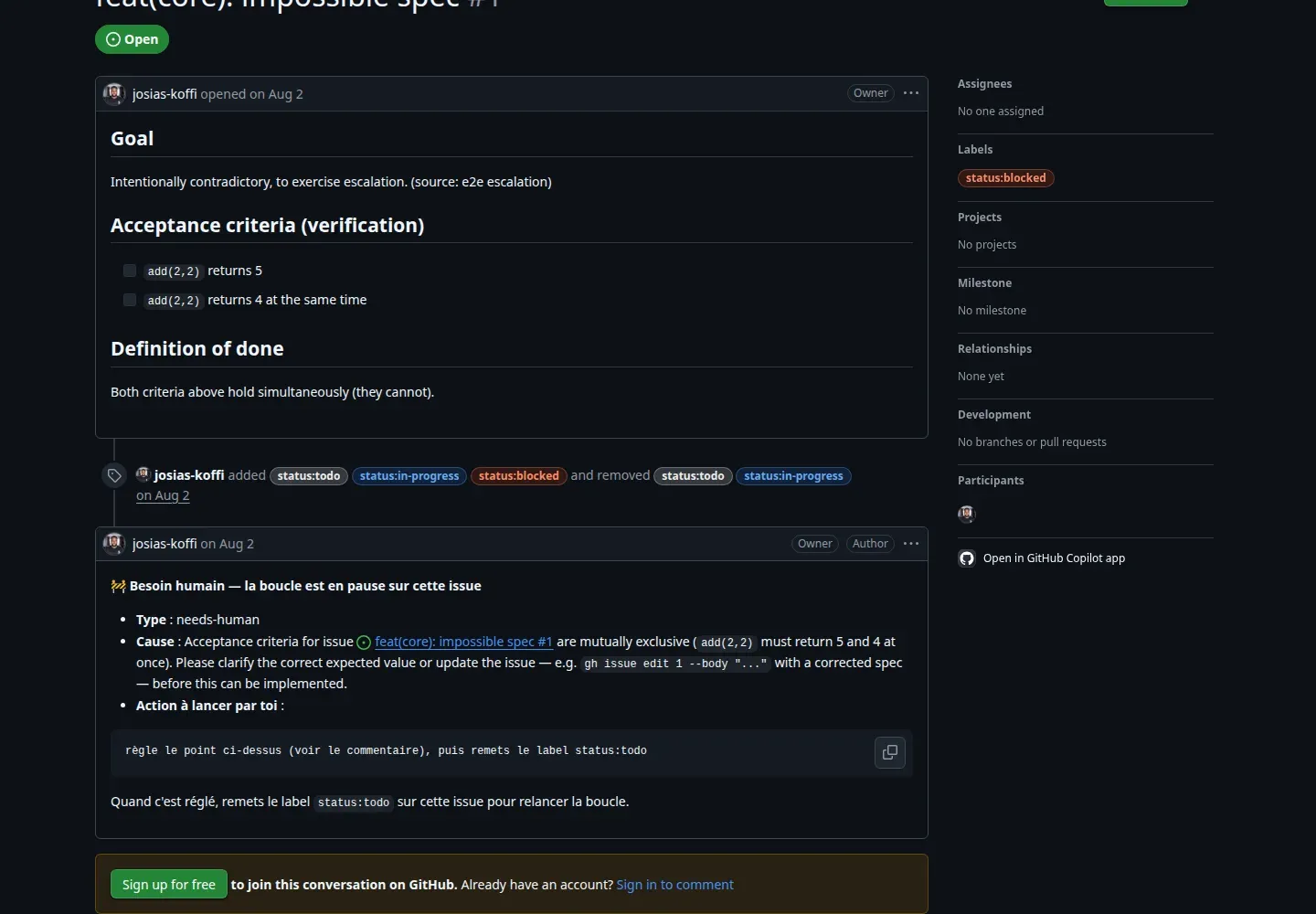 Commentaire « Besoin humain » posté par la boucle sur une issue aux critères contradictoires