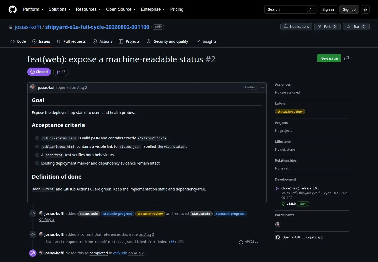 Issue GitHub « expose a machine-readable status » avec objectif, critères d’acceptation et définition de terminé