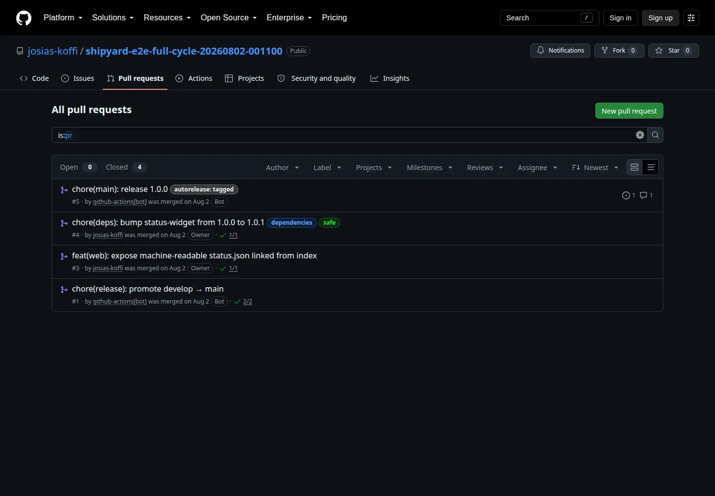Liste des PR du dépôt de test : feature, dépendance, promotion vers main, release 1.0.0