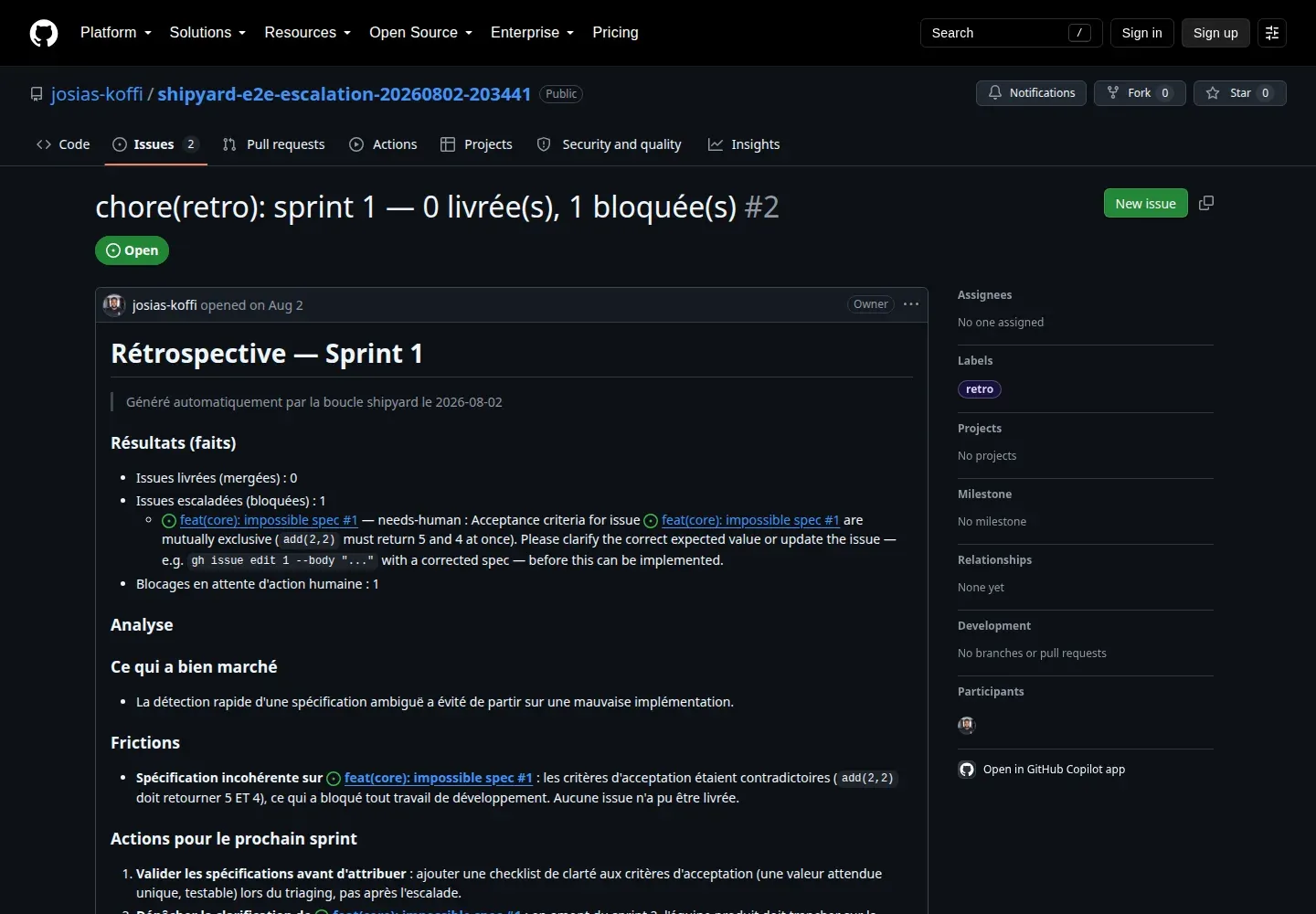 Issue de rétrospective de sprint générée automatiquement